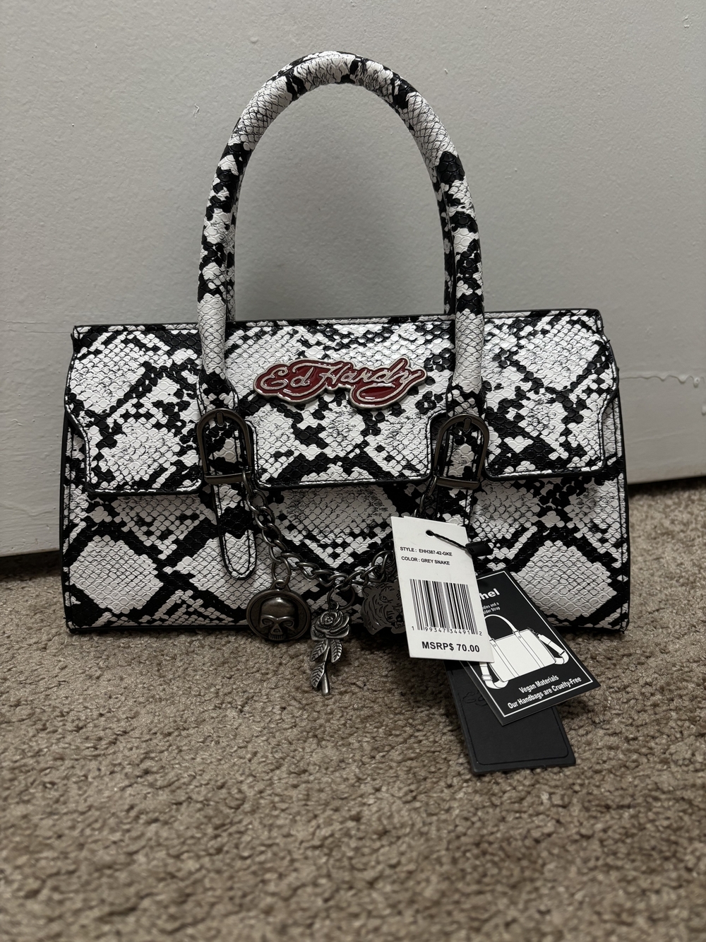Ed Hardy Black & White Snake-Print Top-Handle Bag